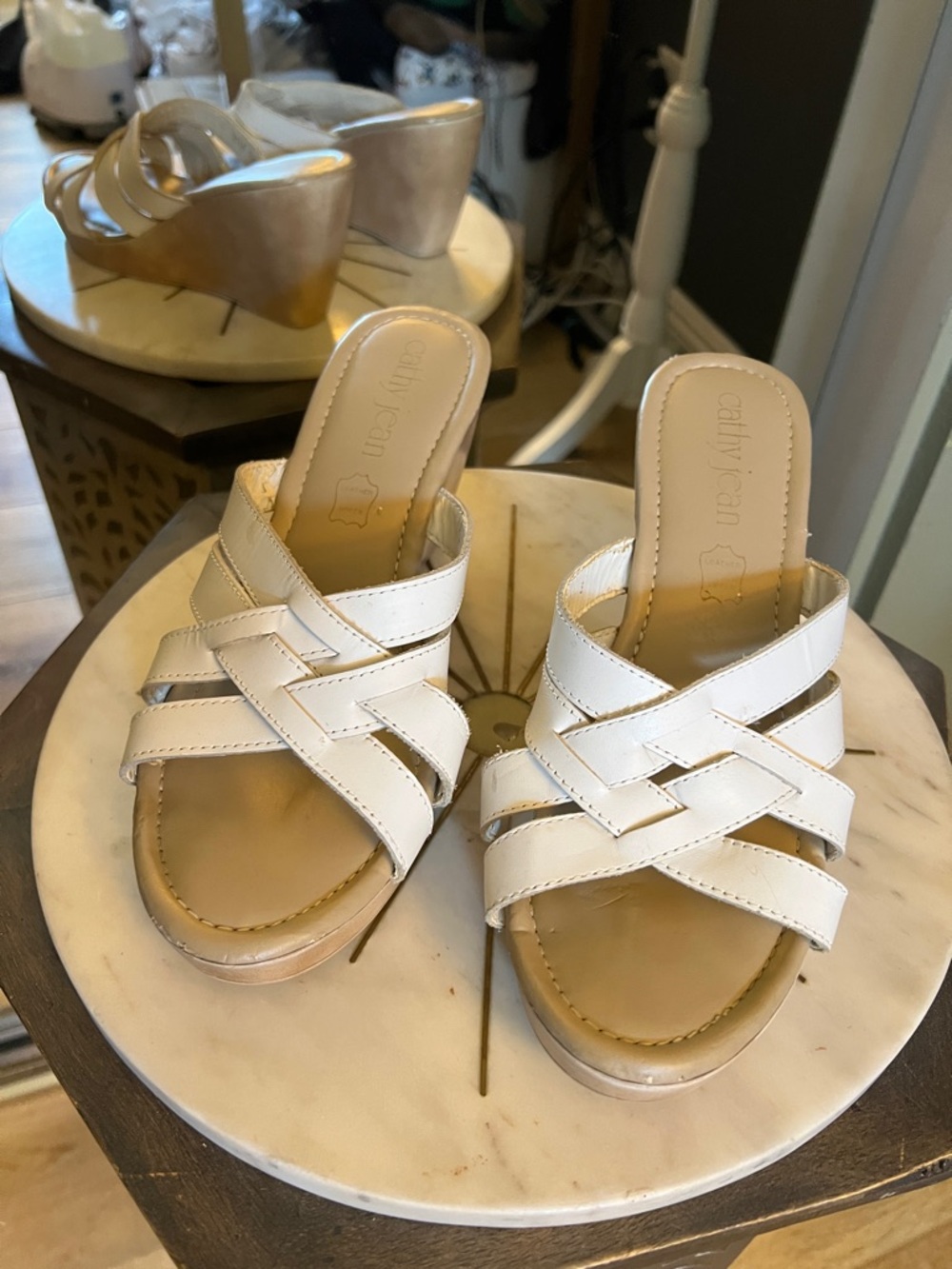 Cathy Jean Cream Woven Leather Wedge Slide Sandals, size 39
